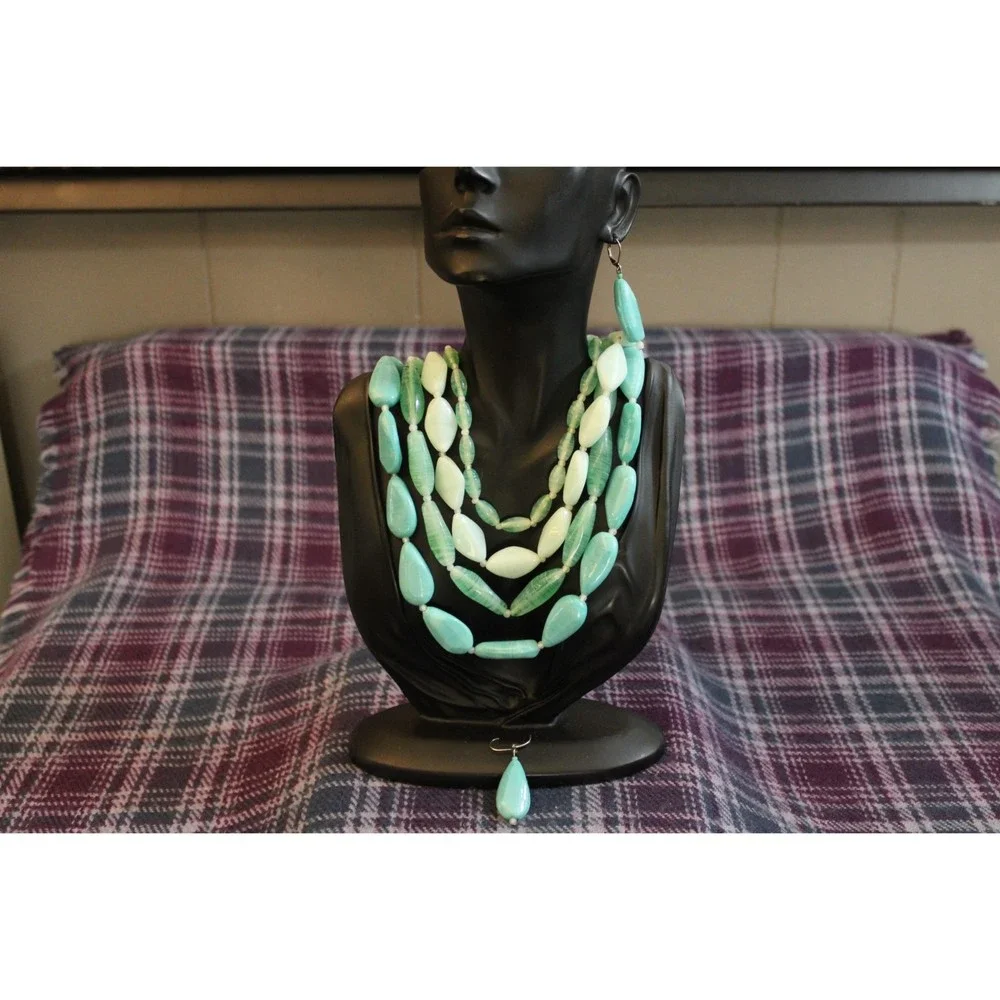 Aqua Blue Glass Multi-strand Hefty Necklace and Earring Set